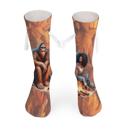 Camping Squatch and Friend Magnetic Holding Hands Funny Socks (All-Over Printing)