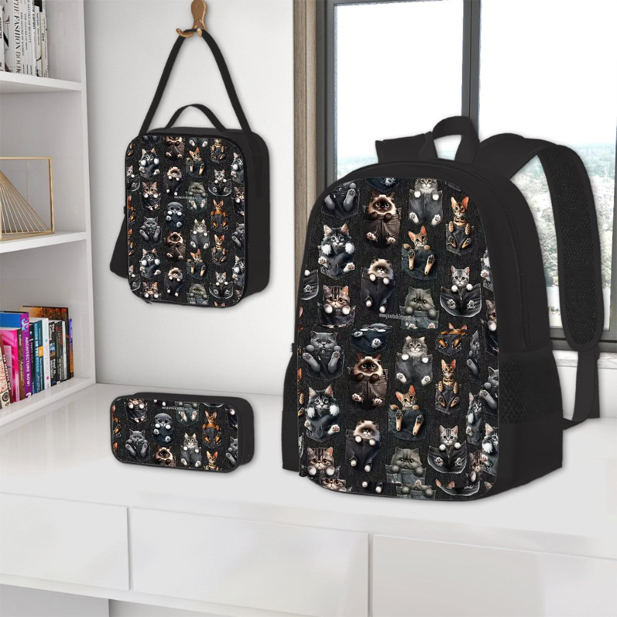 Kittens in Pockets, 3 Piece Bag Set – Oxford Backpack, Lunch Bag, Pencil Pouch