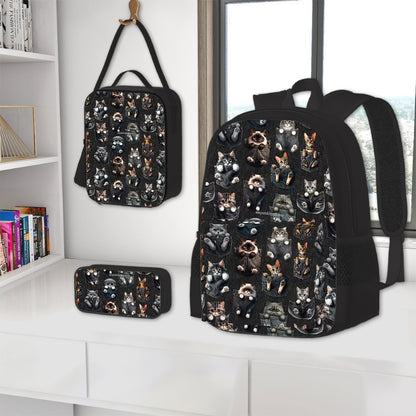 Kittens in Pockets, 3 Piece Bag Set – Oxford Backpack, Lunch Bag, Pencil Pouch