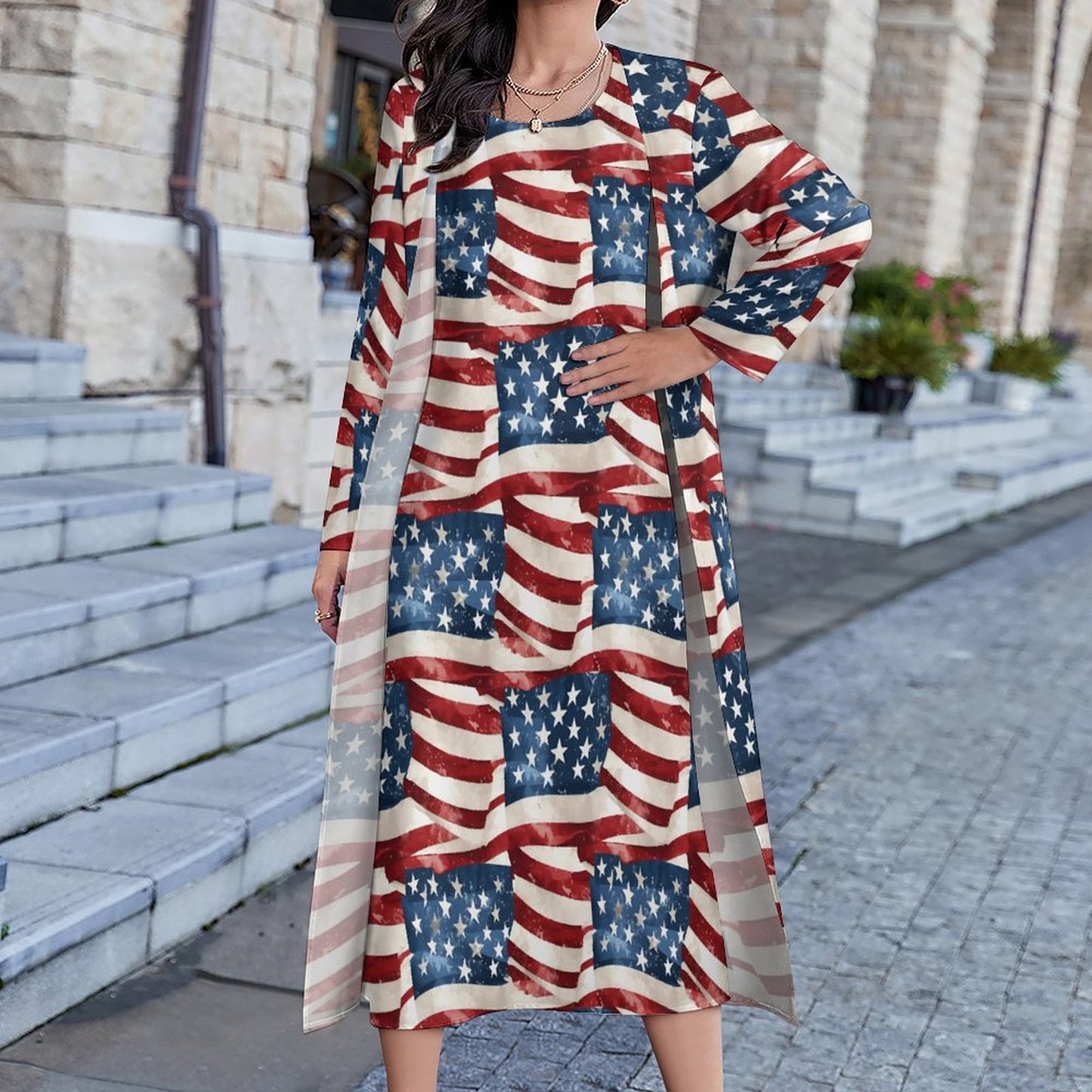 American Flag Women’s Long Dress with Cardigan