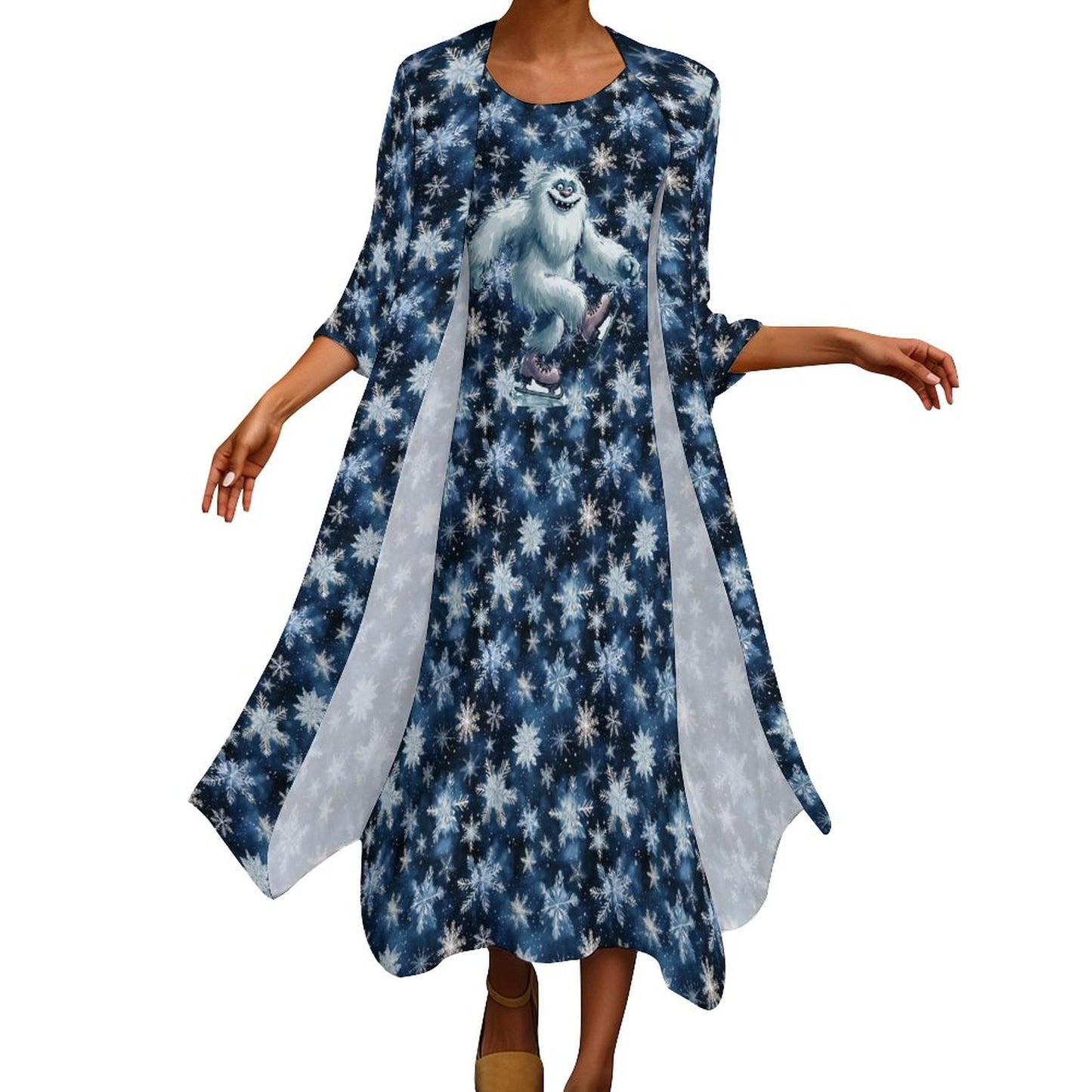 Fun Yeti on Snowflakes, Women’s Long Dress with Cardigan