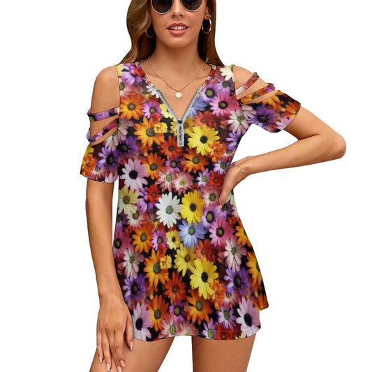 Flowers Women's Zipper T-Shirts, Off shoulder shirt