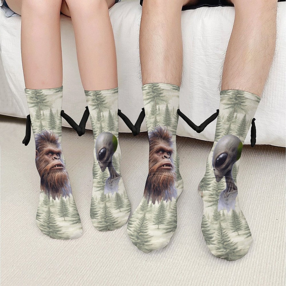 Alien Sasquatch stare down Magnetic Holding Hands Funny Socks (All-Over Printing)