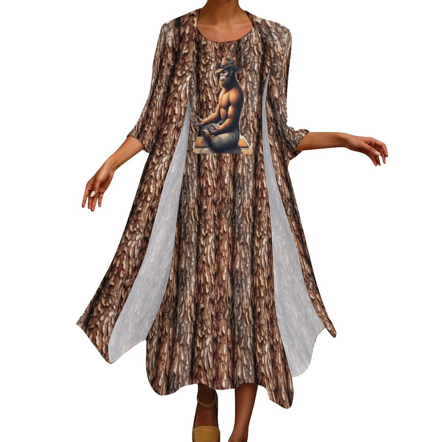 Yoga Cowboy Bigfoot Sasquatch, Women’s Long Dress with Cardigan