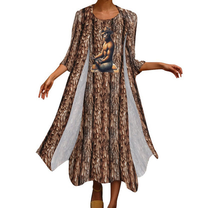 Yoga Cowboy Bigfoot Sasquatch, Women’s Long Dress with Cardigan