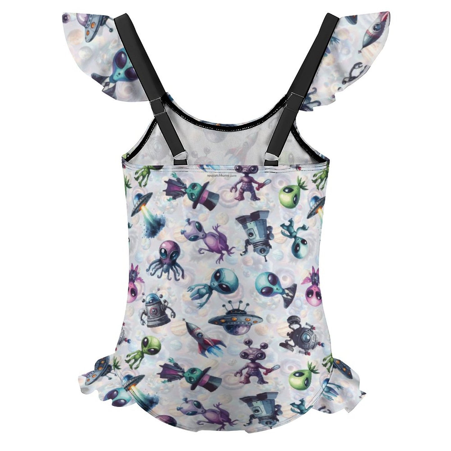 6 Alien Designs, Girls One-Piece Summer Swimsuit, Ruffle Shoulder