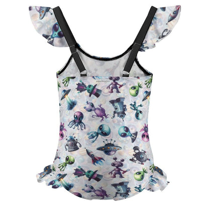6 Alien Designs, Girls One-Piece Summer Swimsuit, Ruffle Shoulder