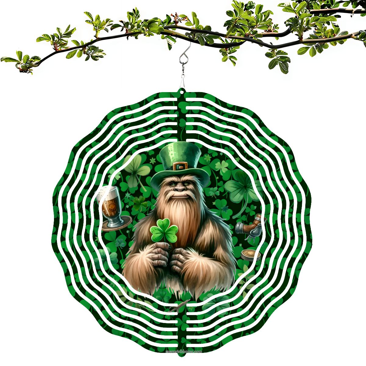 St Patrick Bigfoot, Sasquatch, US Made Hanging Metal 3D Wind Spinner, Ornament - MADE IN USA