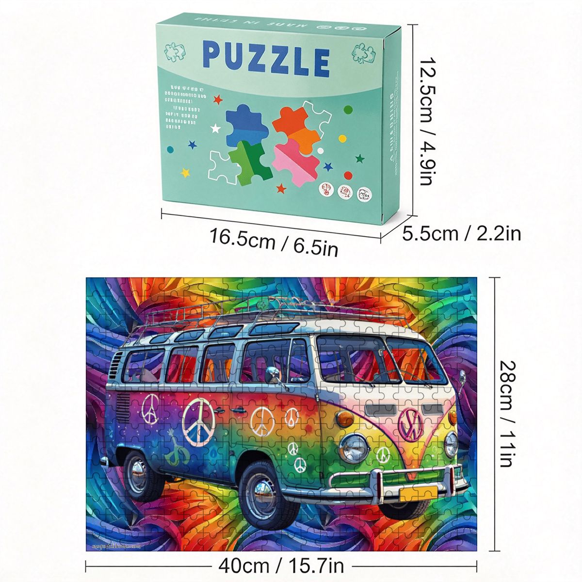 Hippie Tie Dye Bus 300pcs Horizontal Wooden Jigsaw Puzzles