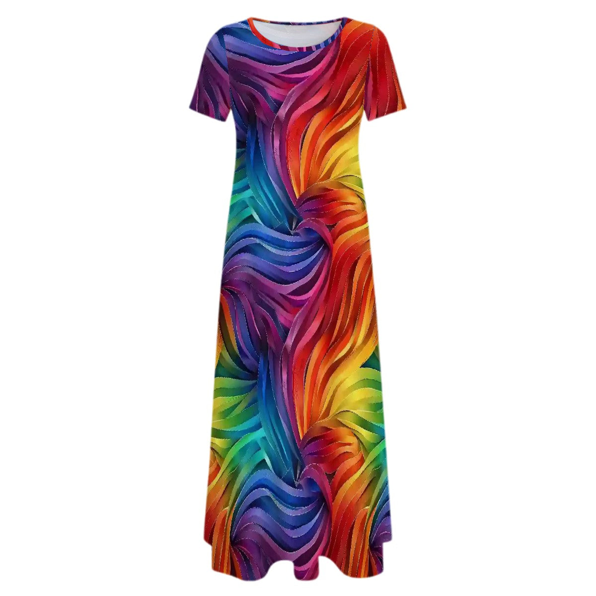 Rainbow Design Crew Neck Short Sleeve Maxi Dress