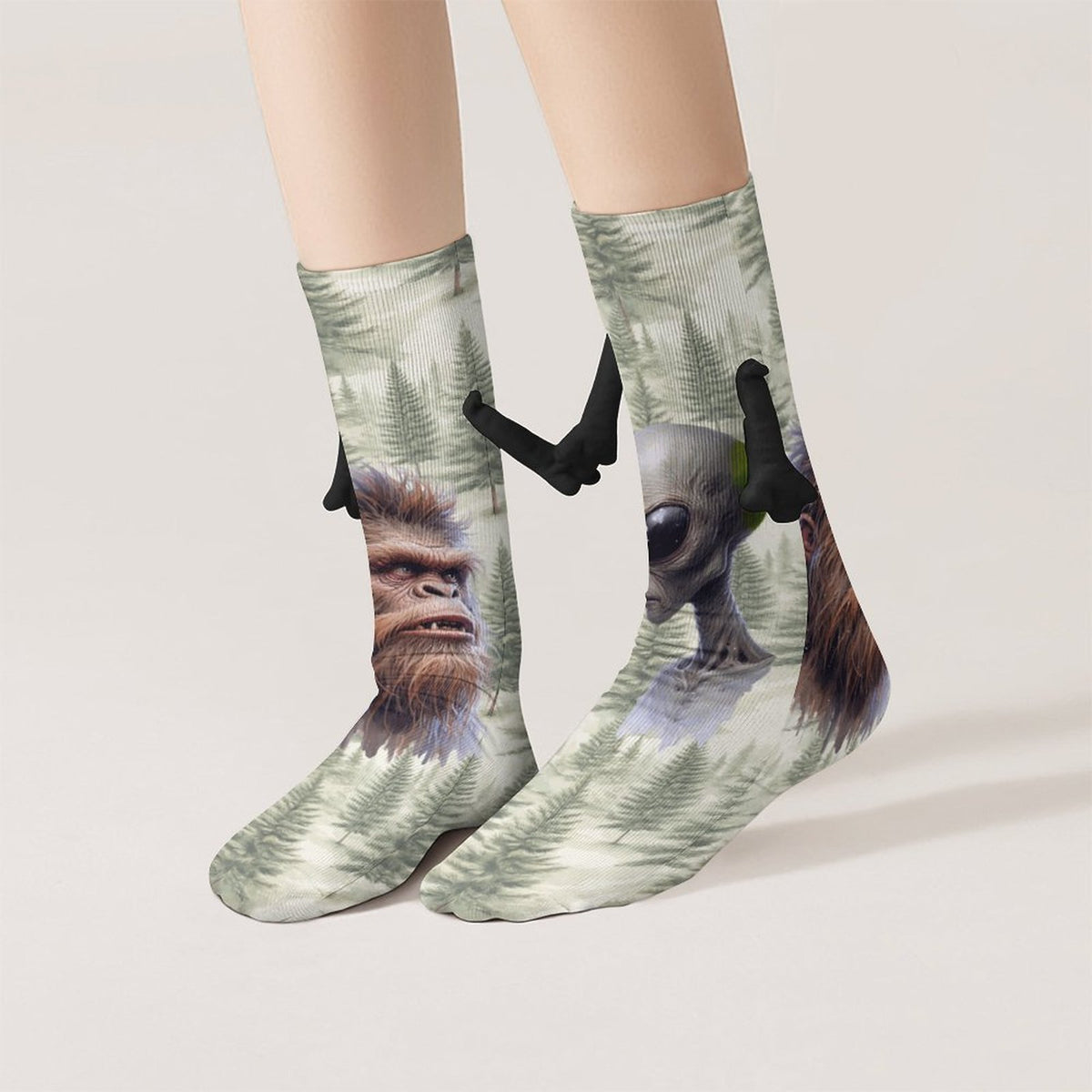 Alien Sasquatch stare down Magnetic Holding Hands Funny Socks (All-Over Printing)
