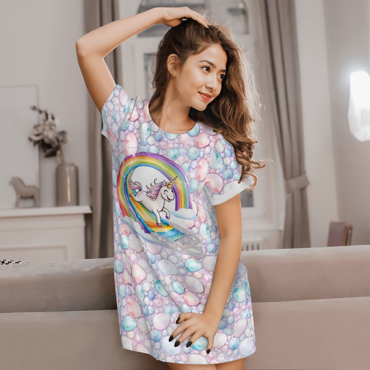 Unicorn Themed, Women’s Loose Fit Short Sleeve Night Gown