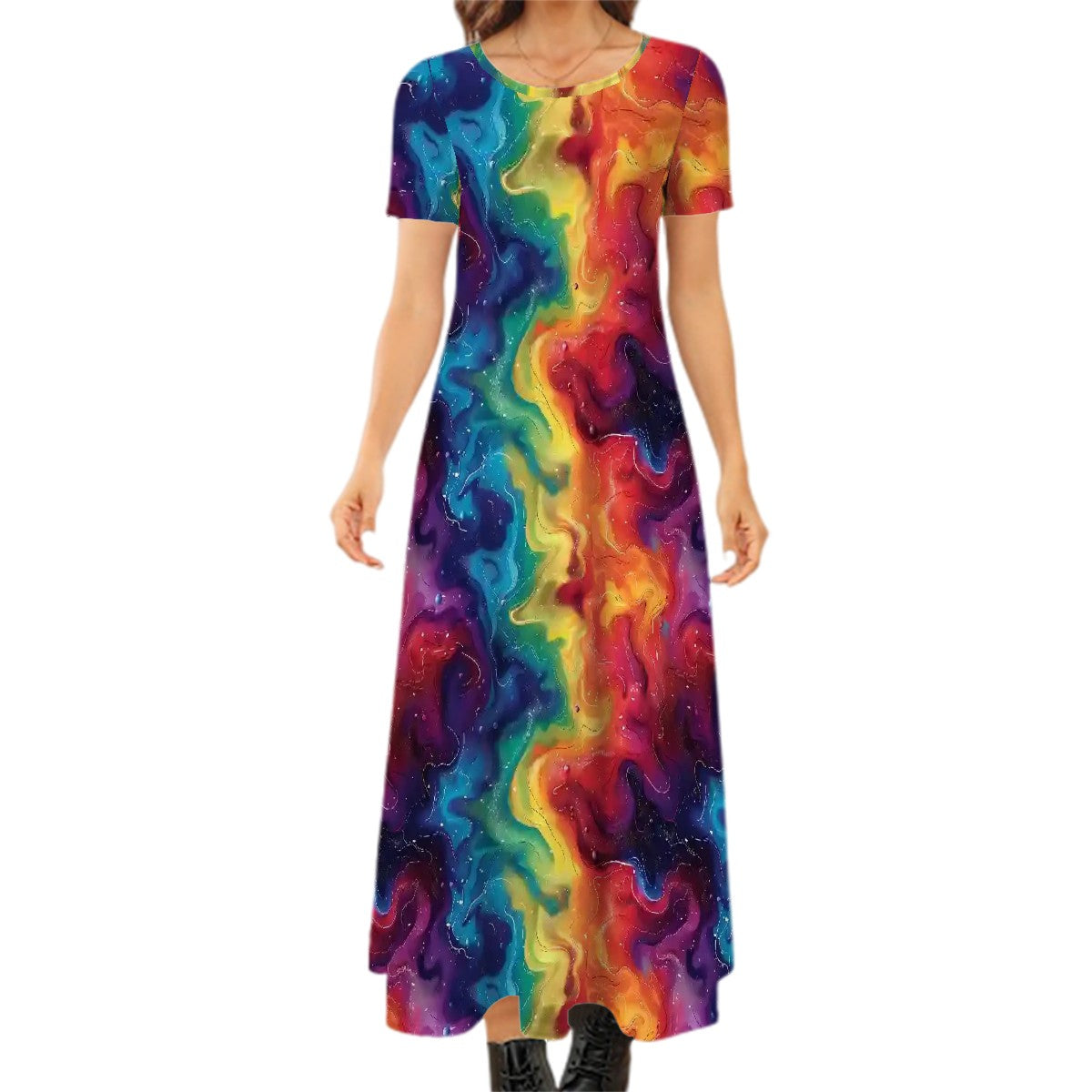 Rainbow Swirl Crew Neck Short Sleeve Maxi Dress
