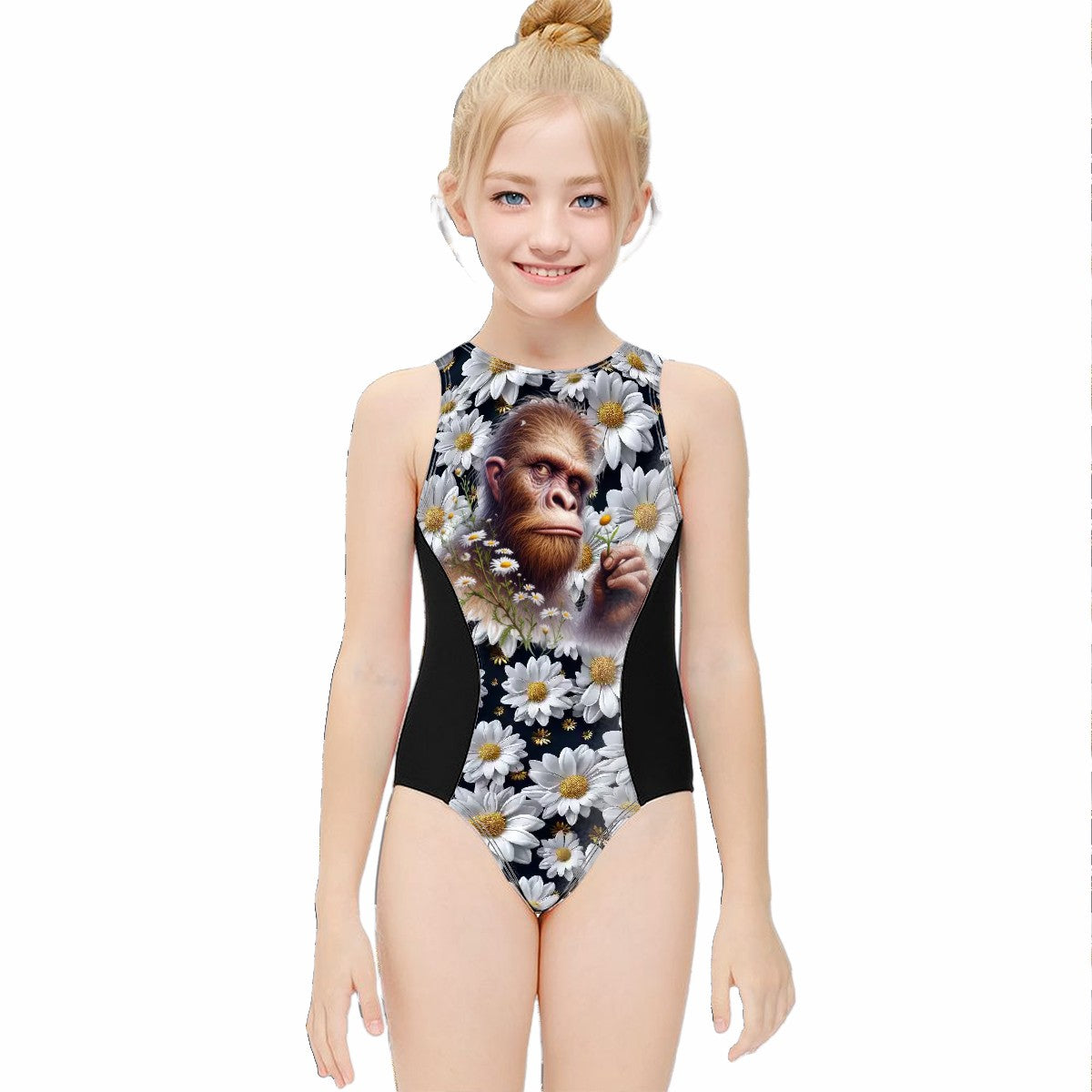 Girl’s One Piece Swimsuits, child swimwear - Bigfoot, Sasquatch, Daisies