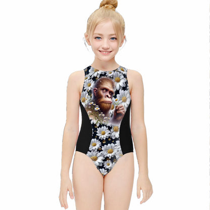 Girl’s One Piece Swimsuits, child swimwear - Bigfoot, Sasquatch, Daisies