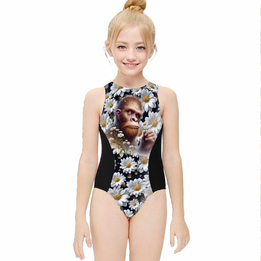Girl’s One Piece Swimsuits, child swimwear - Bigfoot, Sasquatch, Daisies