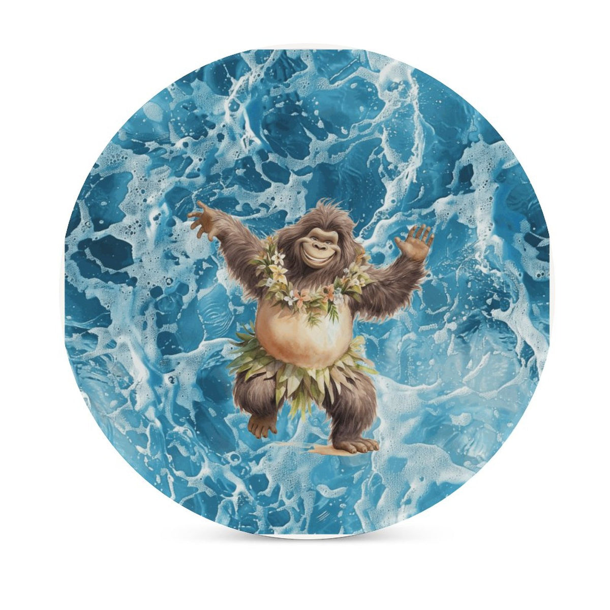 Sasquatch Hula On the Beach Round Ceramic Coaster