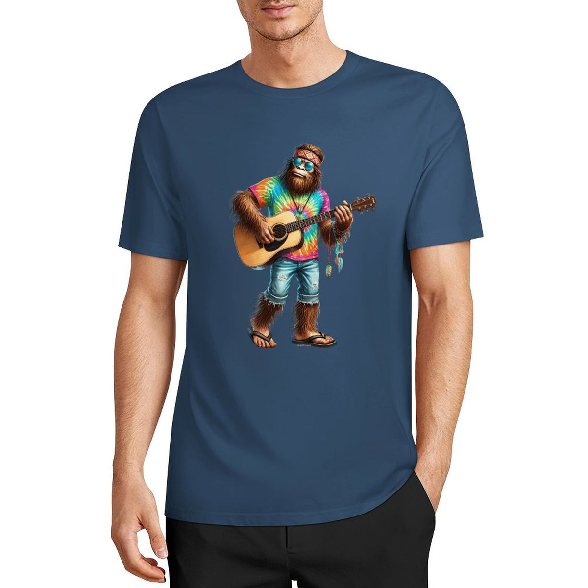Bigfoot - Sasquatch Hippie Play Guitar Short Sleeve Cotton T-Shirt