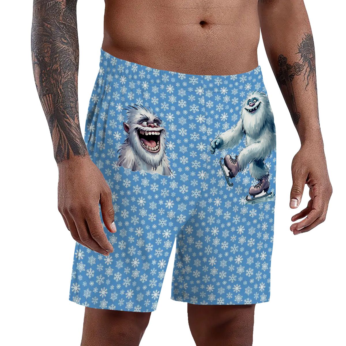 Cute Yeti on Snowflakes, Men’s Polyester, pocketed, pajama Shorts