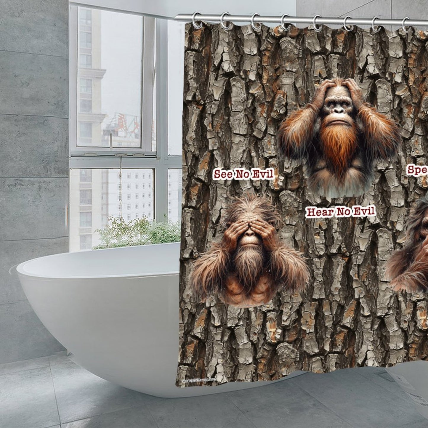Bigfoot Sasquatch "See no evil..", Waterproof Polyester Shower Curtain – Made in the USA – 70.8x70.8”