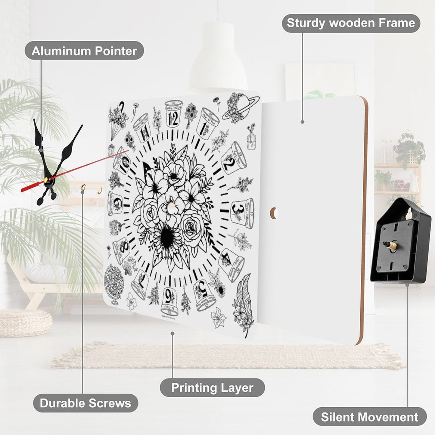 Flowers Square Wall Clock- Made in USA