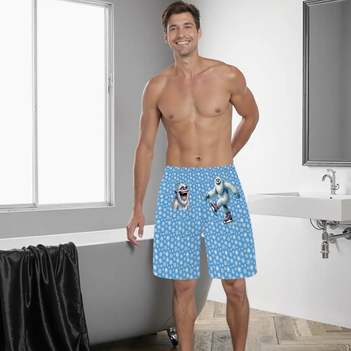 Cute Yeti on Snowflakes, Men’s Polyester, pocketed, pajama Shorts