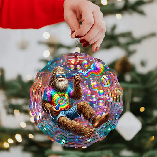 Hippie Sasquatch Blow Bubbles, US Made Hanging Metal 3D Wind Spinner, Ornament - MADE IN USA