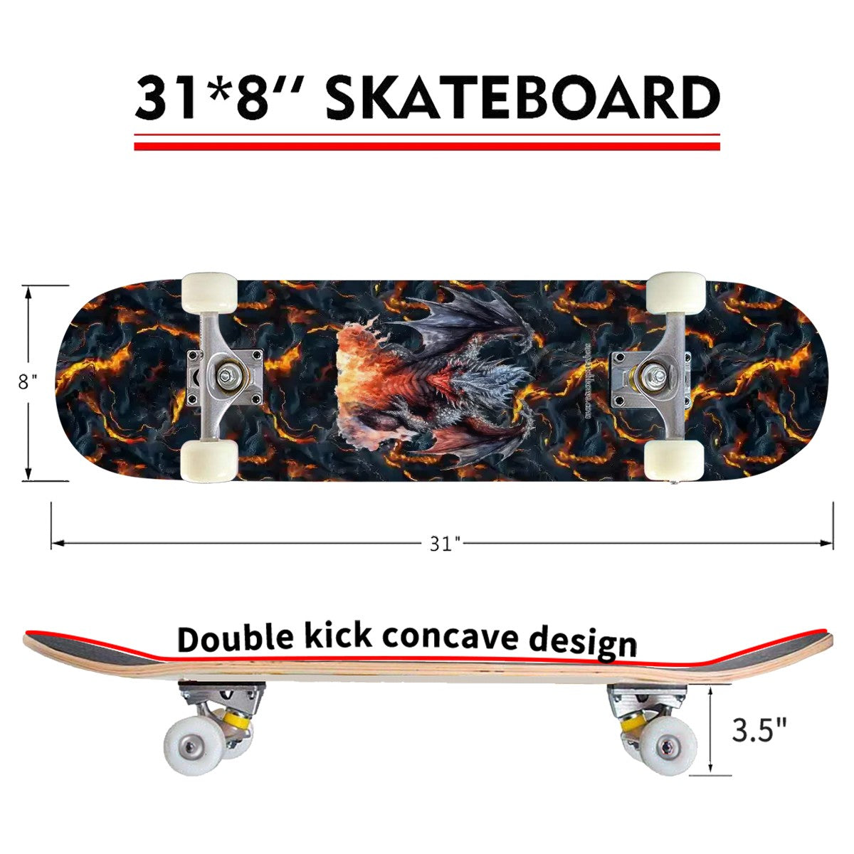 Fire Drago on Lava, High Density 7 Layer Skateboard, Made In USA