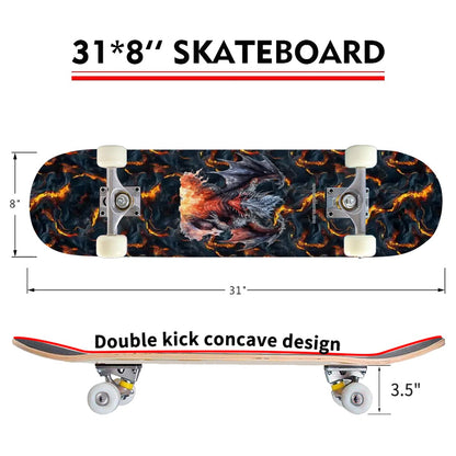 Fire Drago on Lava, High Density 7 Layer Skateboard, Made In USA