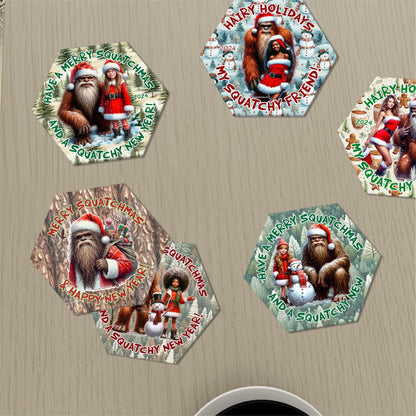 Sasquatch, Bigfoot Christmas Hexagon Ceramic Coasters Set of 6