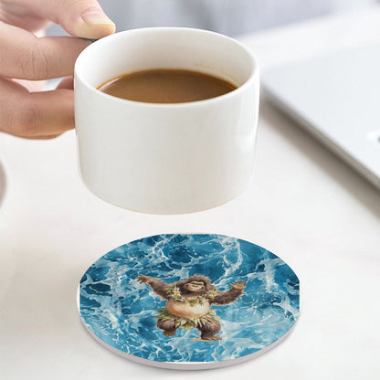 Sasquatch Hula On the Beach Round Ceramic Coaster