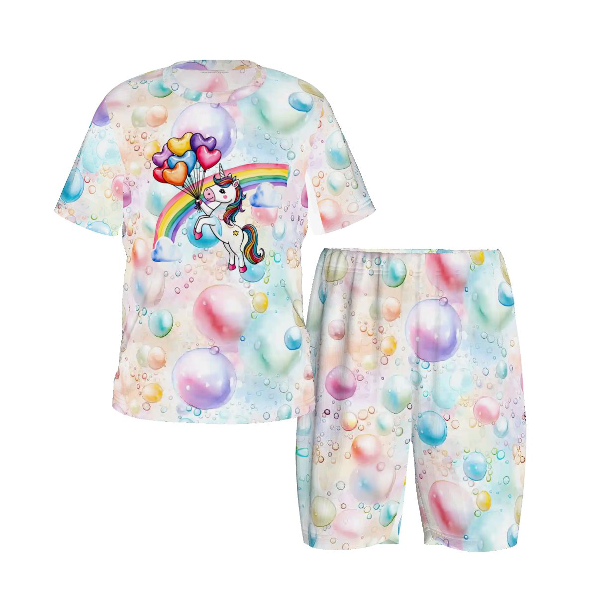 Children’s 2 Piece Short Pajama Set - Rainbow Unicorn Balloons