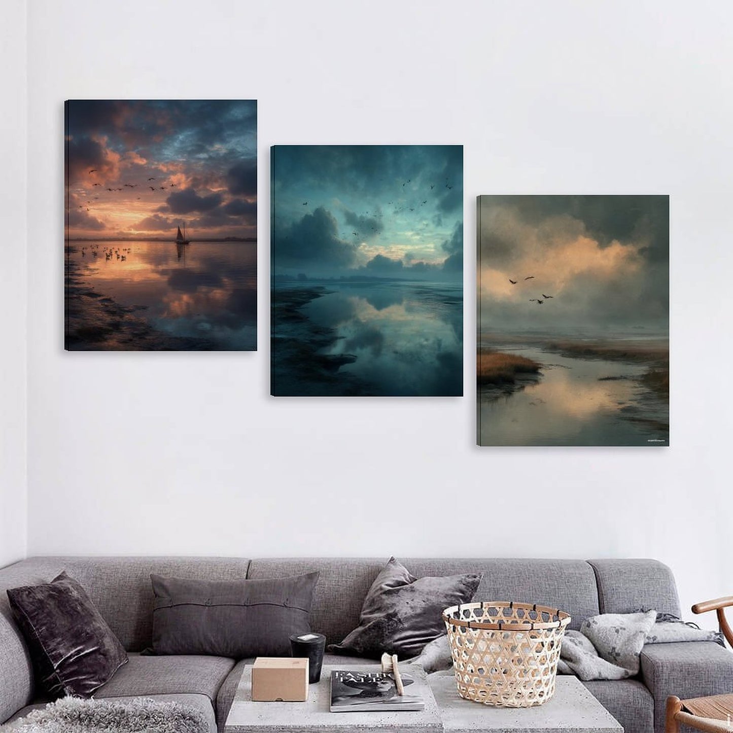 Water Sunsets, Canvas Wall Art - 12”x 16” or 18”x24” (x 3) - Made In USA