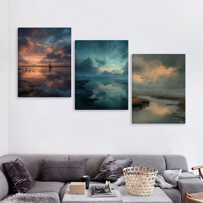 Water Sunsets, Canvas Wall Art - 12”x 16” or 18”x24” (x 3) - Made In USA