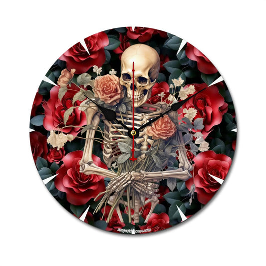 Skeleton & Roses, Wooden Wall Clock- Made in USA