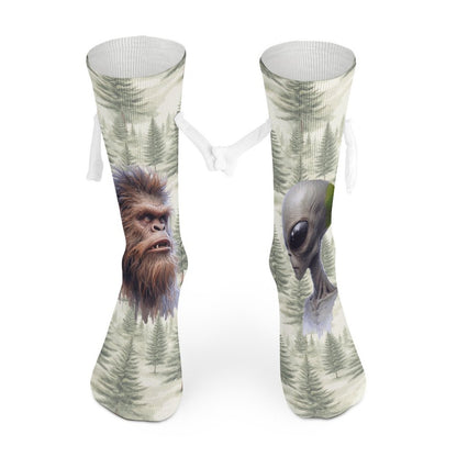 Alien Sasquatch stare down Magnetic Holding Hands Funny Socks (All-Over Printing)