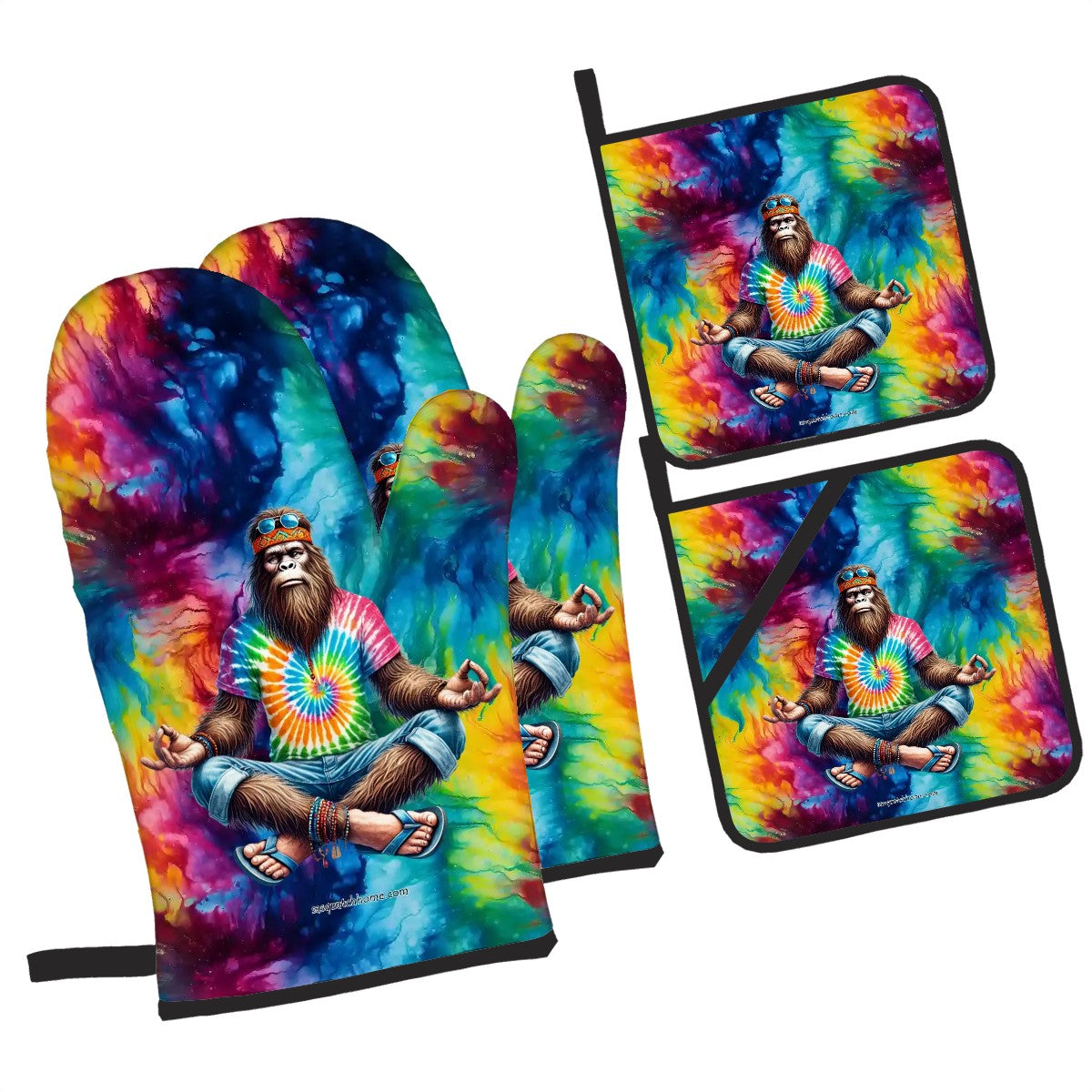 Zen Yoga Sasquatch, Bigfoot,  Set of 4 Oven Mitts & Pot Holders