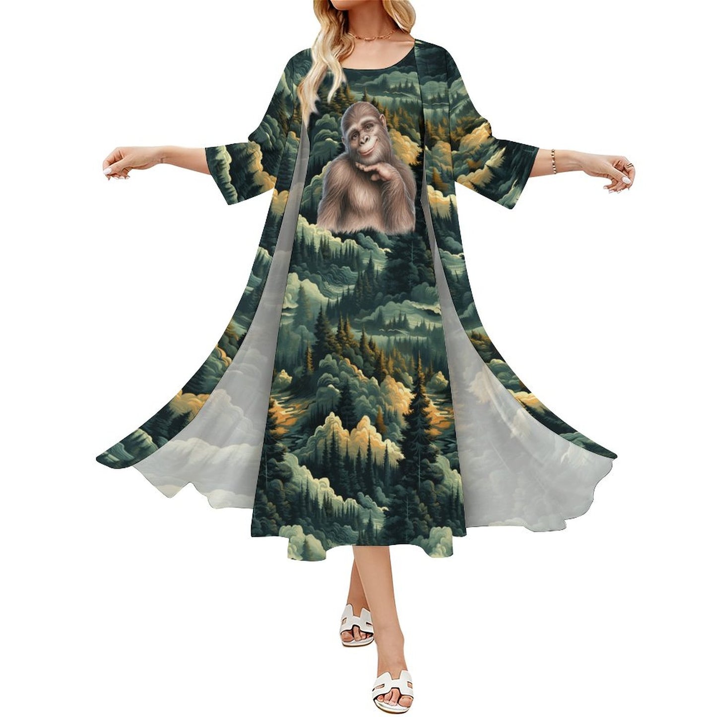 Gal Sasquatch in Woods, Women’s Long Dress with Cardigan