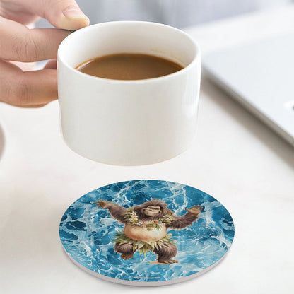 Sasquatch Hula On the Beach Round Ceramic Coaster