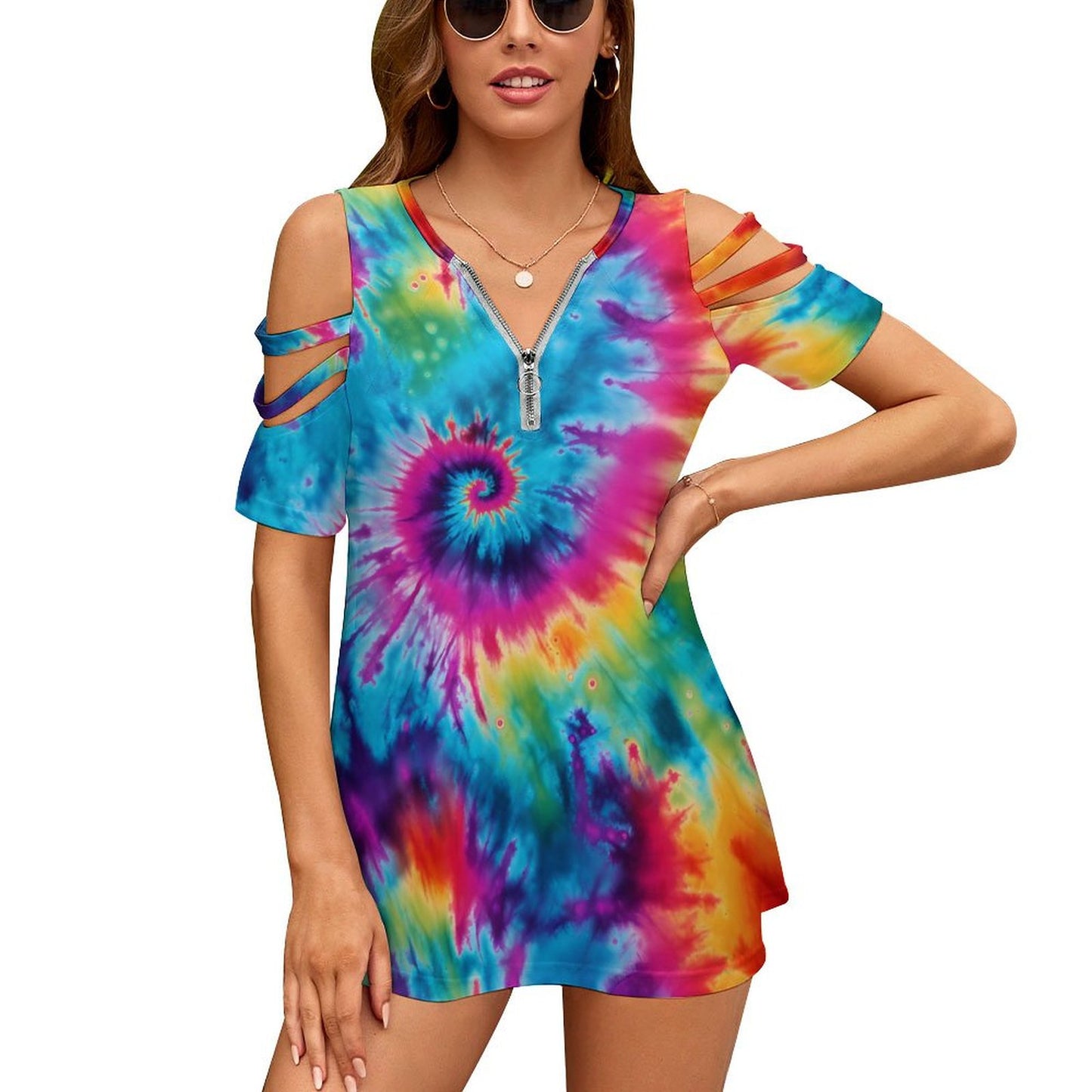 19 Tie Dye Designs, Women's Zipper T-Shirts, cold shoulder shirt