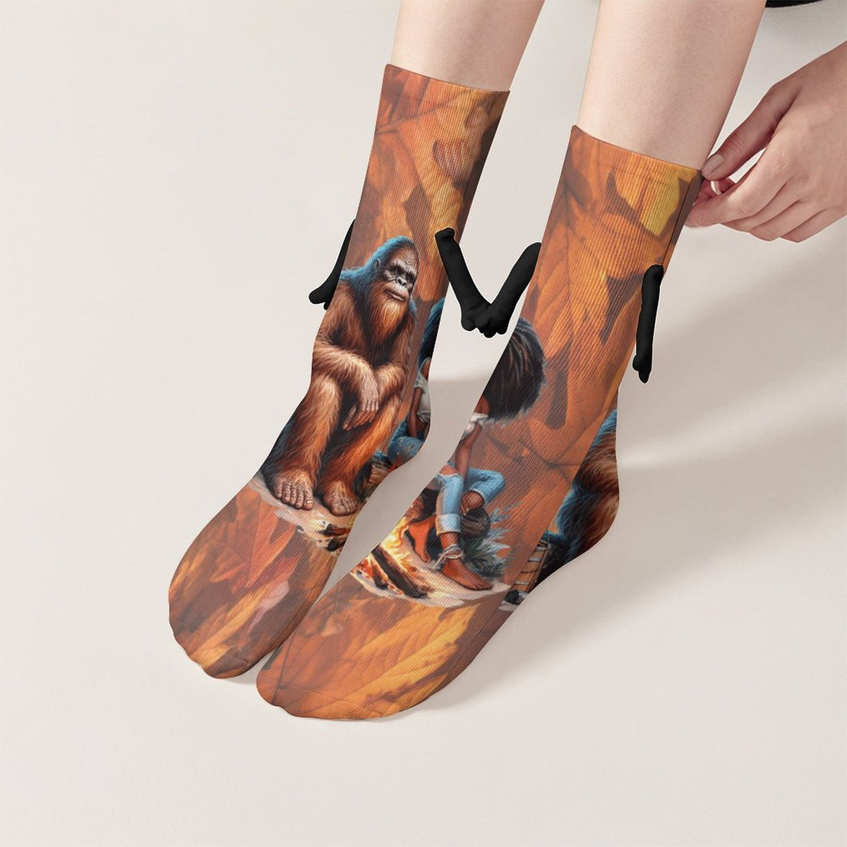 Camping Squatch and Friend Magnetic Holding Hands Funny Socks (All-Over Printing)