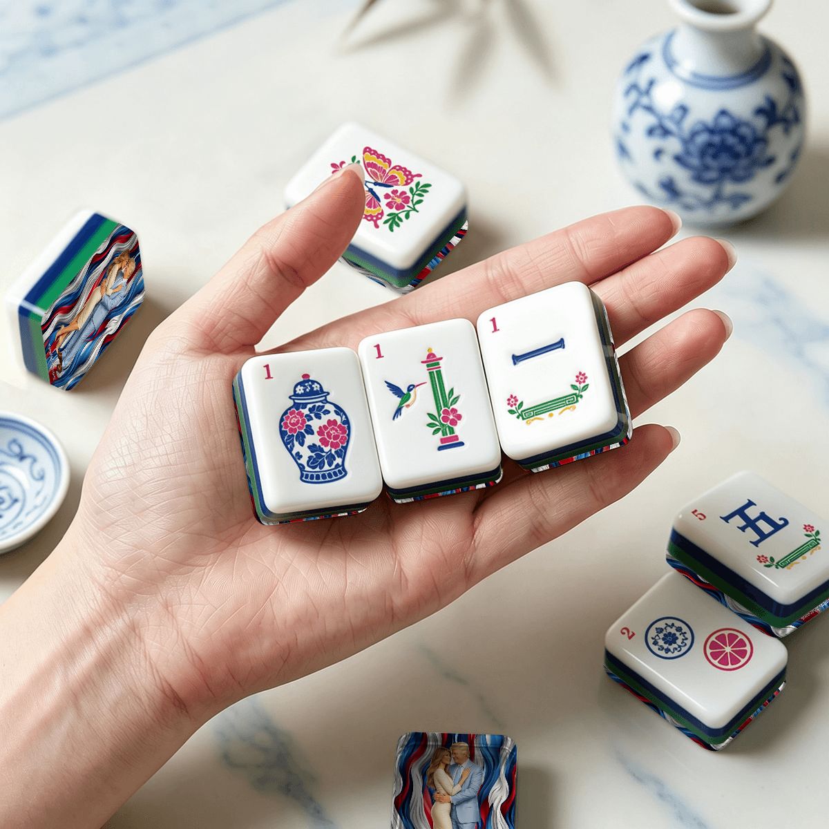 Donald and Melania Trump Chinoiserie Chic American Mahjong Tiles