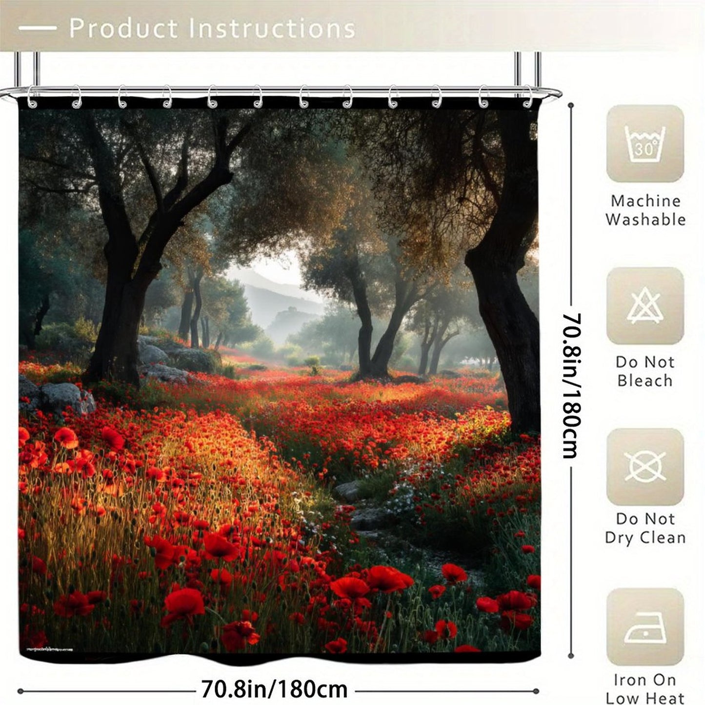 Poppies in Forest Waterproof Polyester Shower Curtain – Made in the USA – 70.8x70.8”