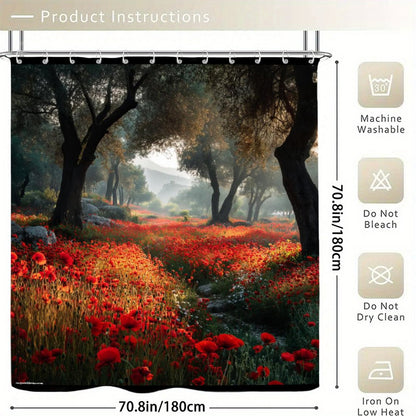 Poppies in Forest Waterproof Polyester Shower Curtain – Made in the USA – 70.8x70.8”