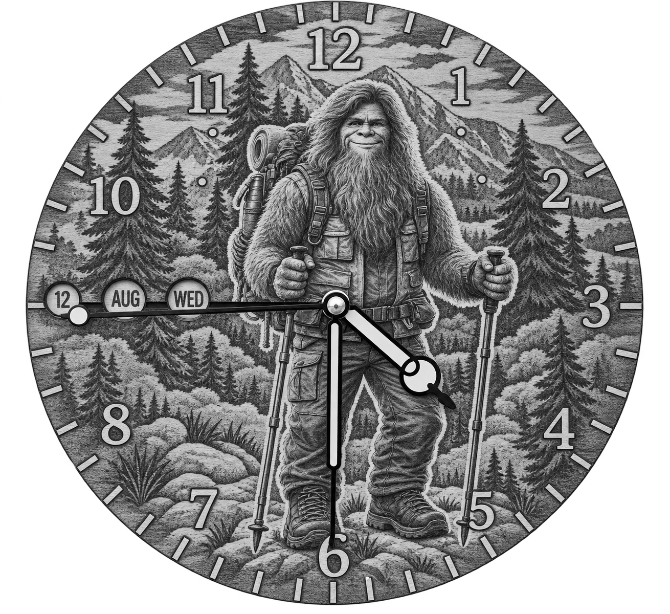 Laser Etched Calendar Clocks - Hiking Sasquatch
