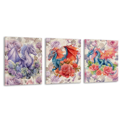 Floral Dragons, Canvas Wall Art - 12”x 16” or 18”x24” (x 3) - Made In USA
