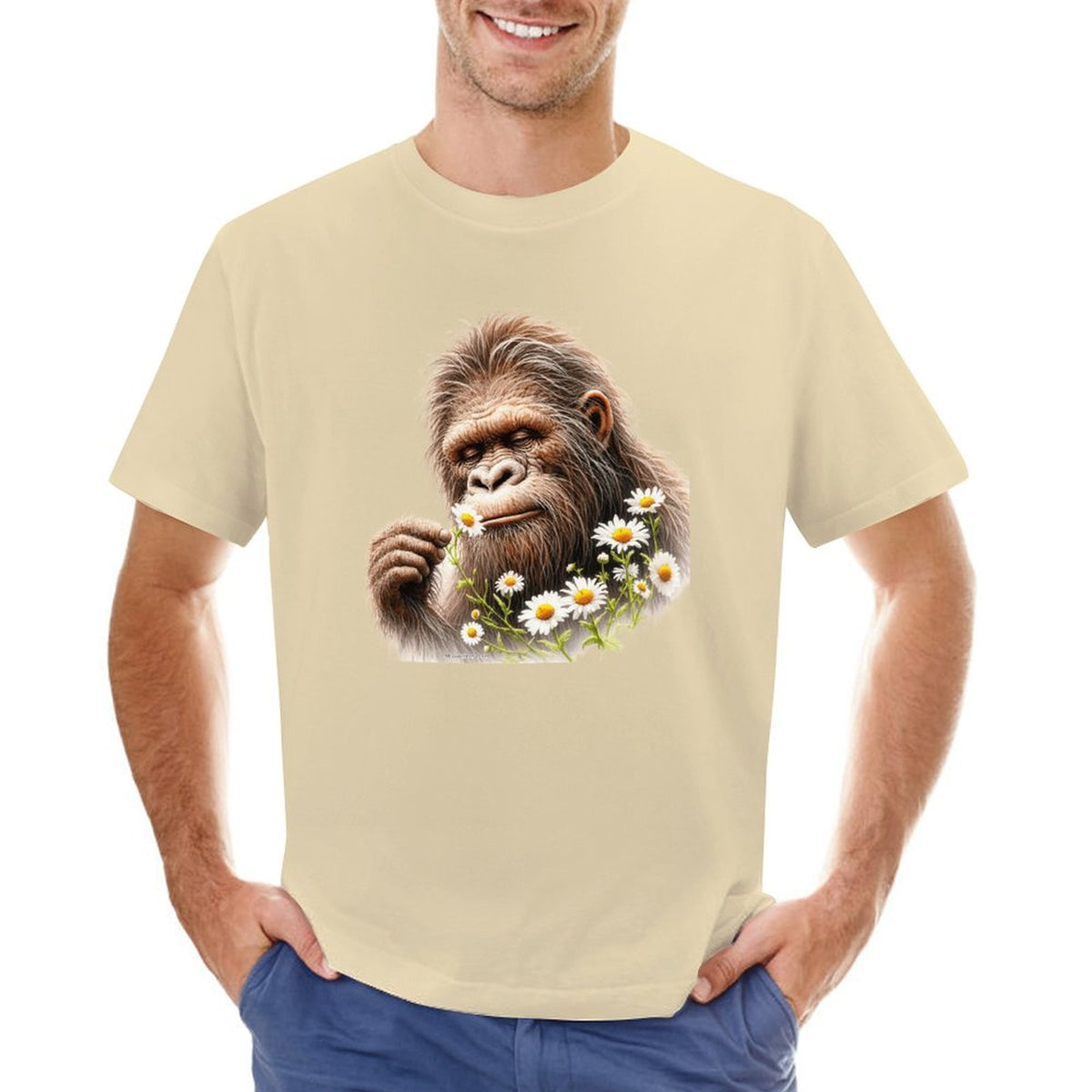 Bigfoot, Sasquatch, Daisies, Short Sleeve Cotton T-shirt