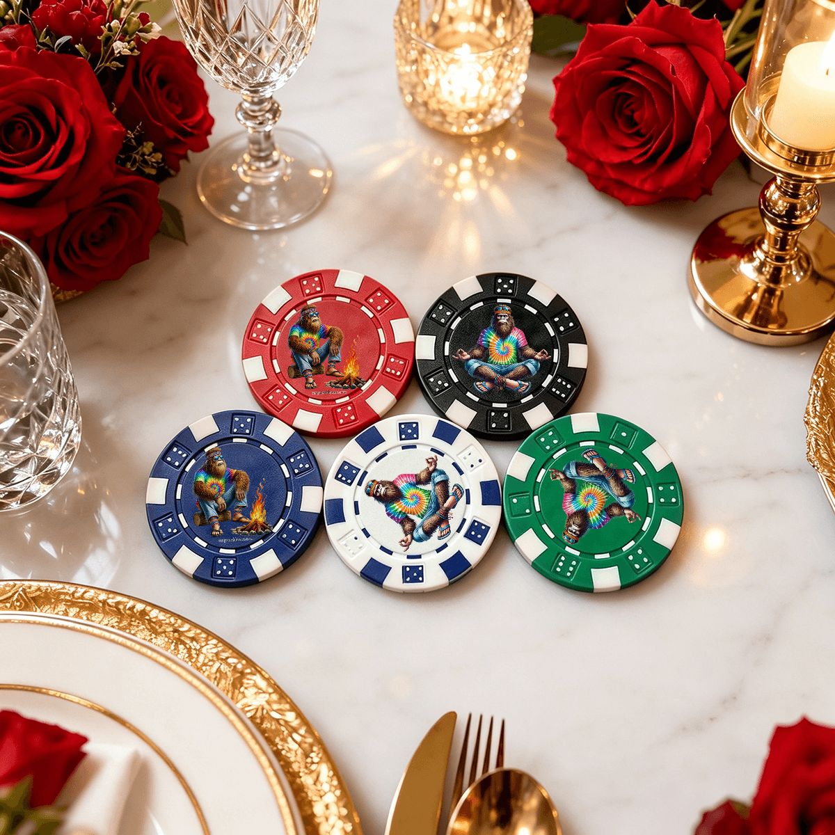 Hippie Tie Dye Sasquatch 10 Piece Poker Chips Set