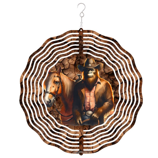 Bigfoot Sasquatch Cowboy, US Made Hanging Metal 3D Wind Spinner, Ornament - MADE IN USA