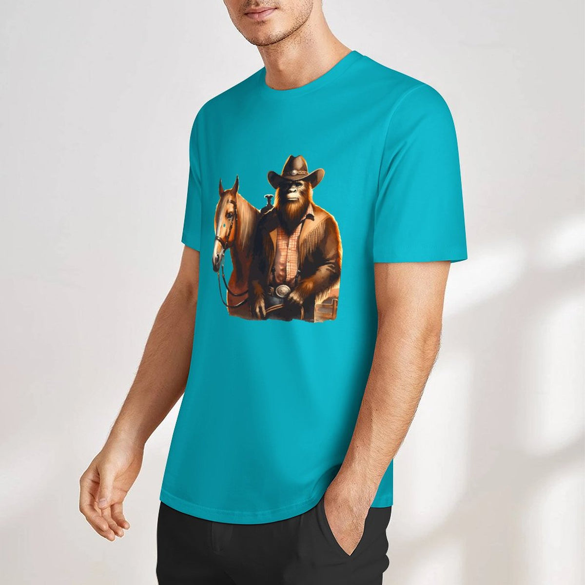 Bigfoot - Sasquatch Cowboy w Horse Short Sleeve Cotton T-Shirt